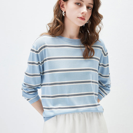 COMOBOCA Women's Striped Round Neck Knit Sweater