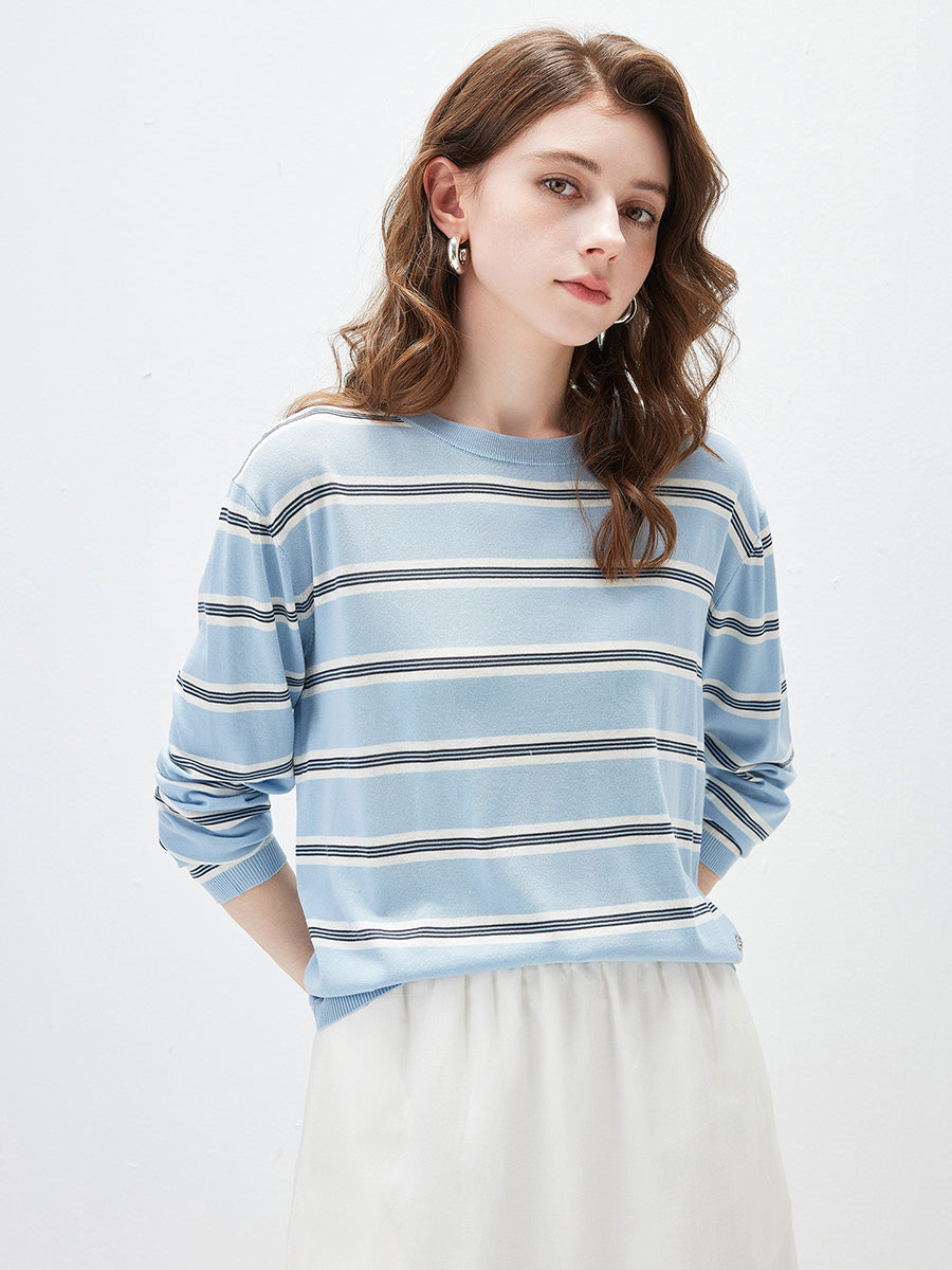COMOBOCA Women's Striped Round Neck Knit Sweater