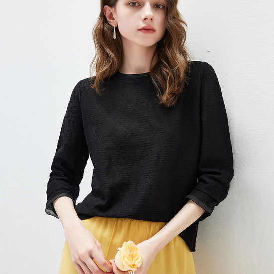 COMOBOCA Black Women's Textured Sheer Knit Round Neck Sweater