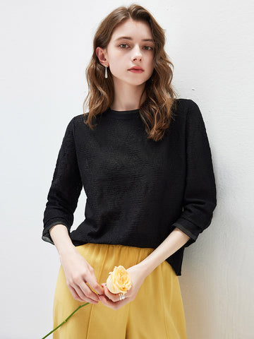 COMOBOCA Black Women's Textured Sheer Knit Round Neck Sweater