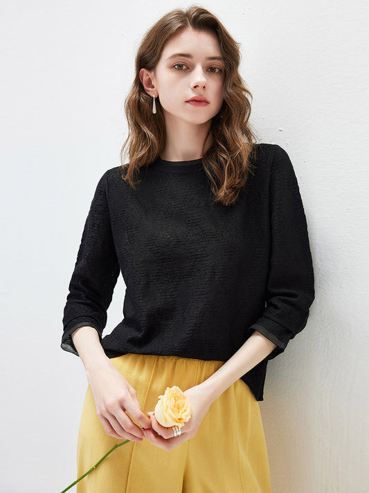 COMOBOCA Black Women's Textured Sheer Knit Round Neck Sweater