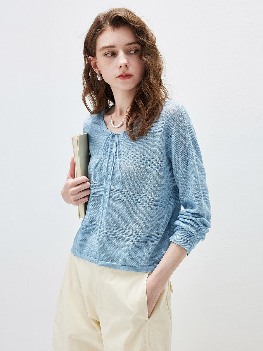 COMOBOCA Women's Tie-Neck Waffle Knit Top