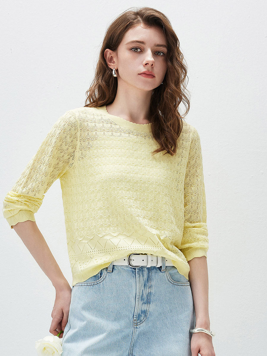 COMOBOCA Women's Openwork Round Neck Knit Sweater