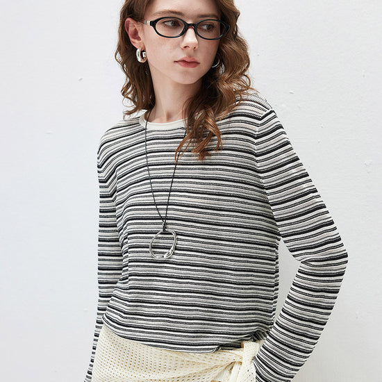 COMOBOCA Women's Striped Mesh Knit Round Neck Sweater