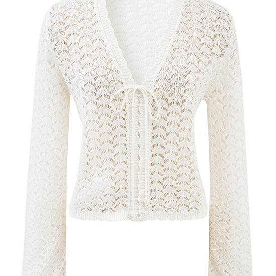 COMOBOCA Women's Linen Lace Knit Tie Front Cardigan