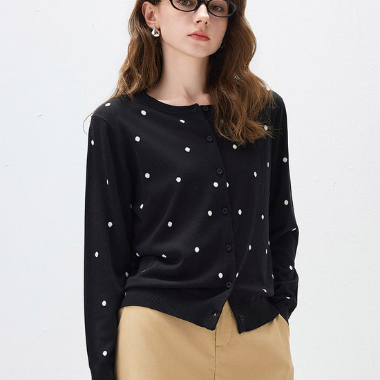 COMOBOCA Black Women's Lyocell Polka Dot Knit Cardigan