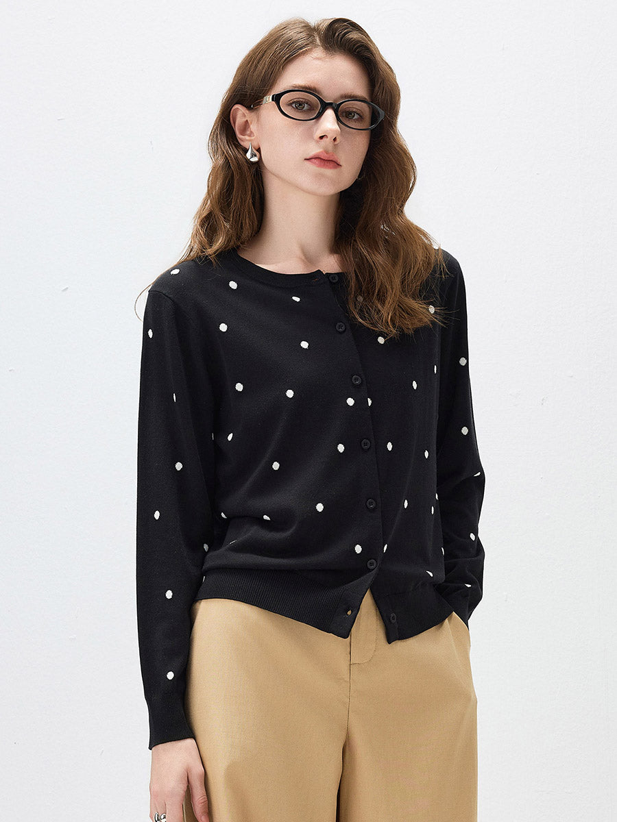 COMOBOCA Black Women's Lyocell Polka Dot Knit Cardigan