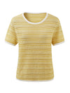 Women’s Round-Neck Linen Blend Dopamine Striped Knit Short Sleeve Top with Contrast Trim