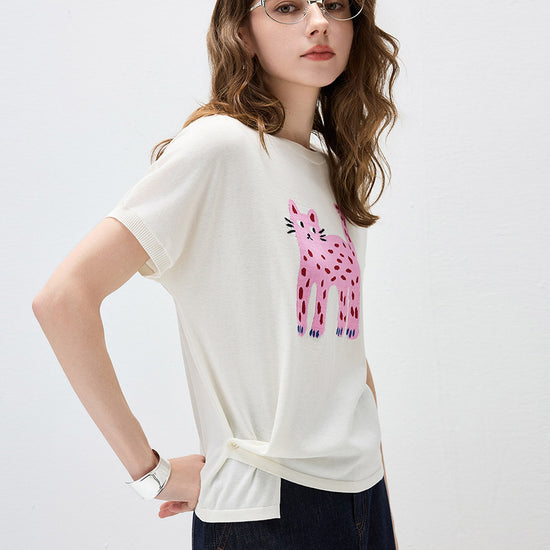COMOBOCA Women's Leopard Cat Embroidered Knit T-Shirt