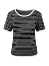 Women’s Round-Neck Linen Blend Dopamine Striped Knit Short Sleeve Top with Contrast Trim