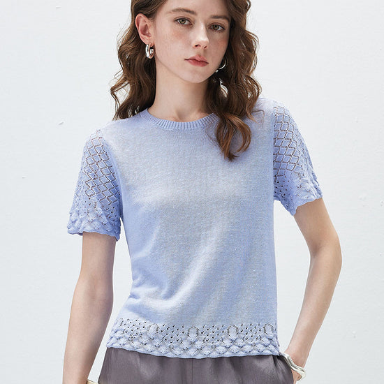COMOBOCA Purple Women's Lace Trim Knit T-Shirt
