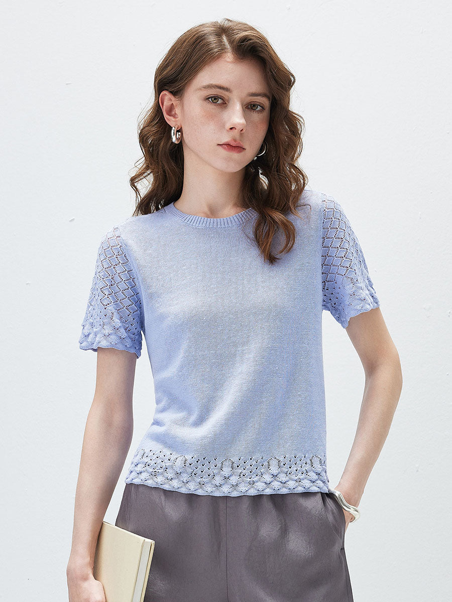 COMOBOCA Purple Women's Lace Trim Knit T-Shirt