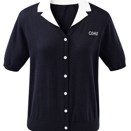 COMOBOCA Women's Contrast Collar Knit Button Down Cardigan