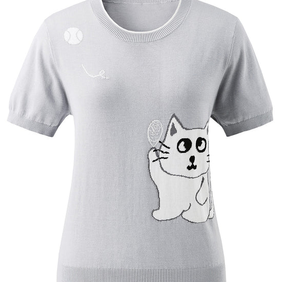 COMOBOCA Women's Cat And Tennis Intarsia Knit T-Shirt