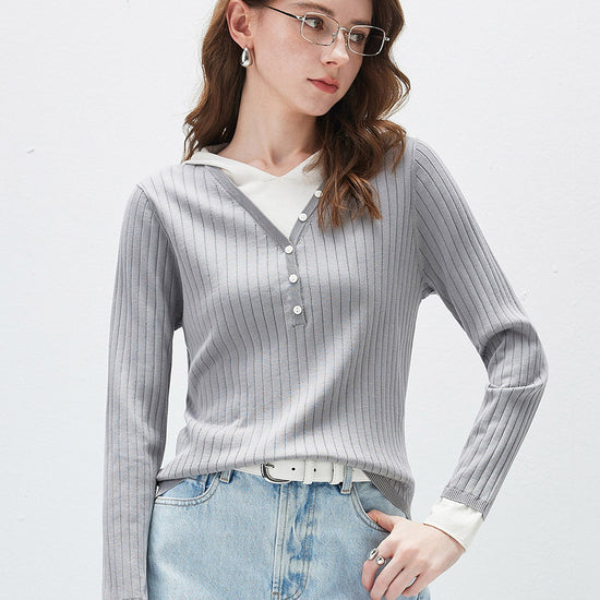 COMOBOCA Light Gray Women's Layered Ribbed Knit Hooded Henley Top