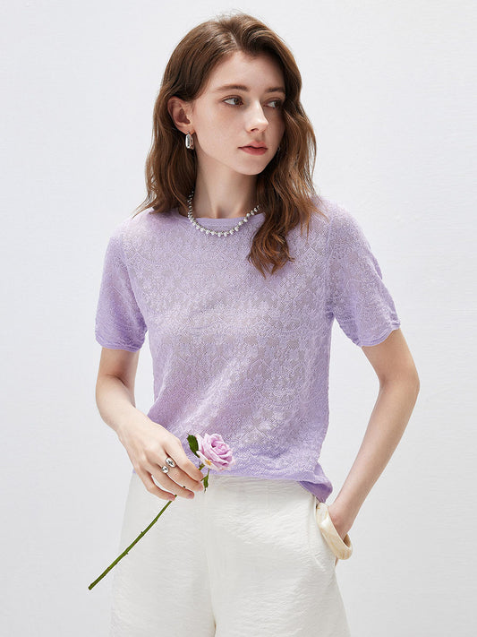 COMOBOCA Purple Women's Sheer Floral Lace Knit T-Shirt