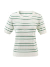 Women's Silk-Cotton Jacquard Stripe Knit Crew Neck Short Sleeve T-Shirt