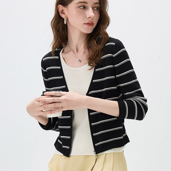 COMOBOCA Women's Striped Ribbed Knit Faux 2-in-1 Zip Cardigan