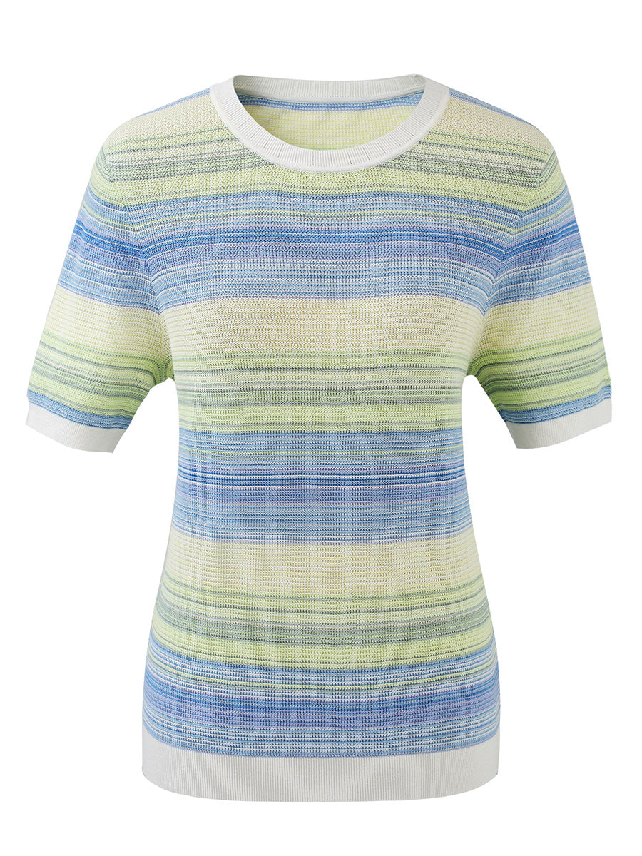 COMOBOCA Women's Gradient Stripe Openwork Knit T-Shirt