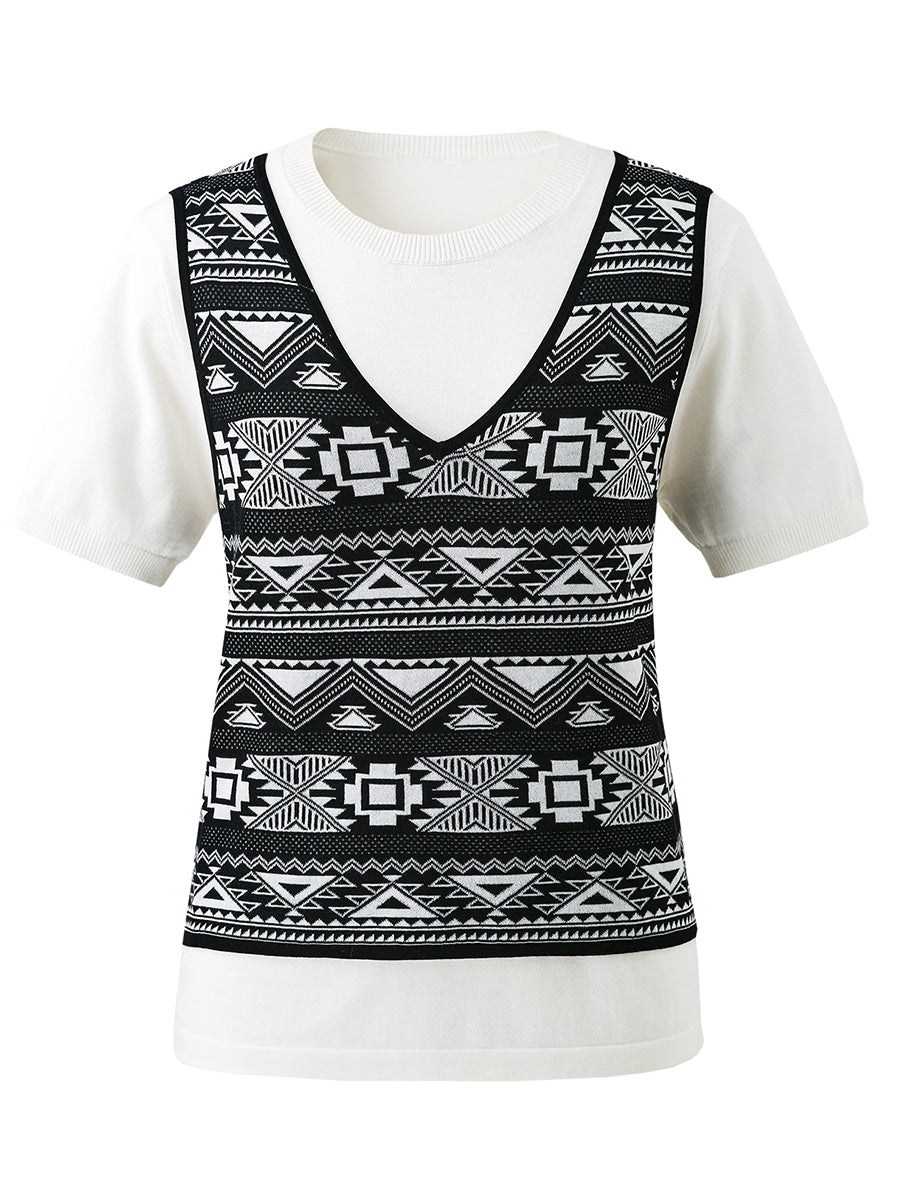 COMOBOCA Women's 2-in-1 Geometric Knit Top