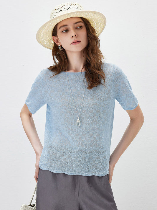 COMOBOCA Light Blue Women's Sheer Floral Lace Knit T-Shirt