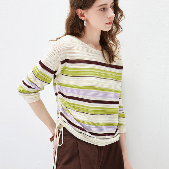COMOBOCA Women's Striped Mesh Ruched Drawstring Knit Sweater