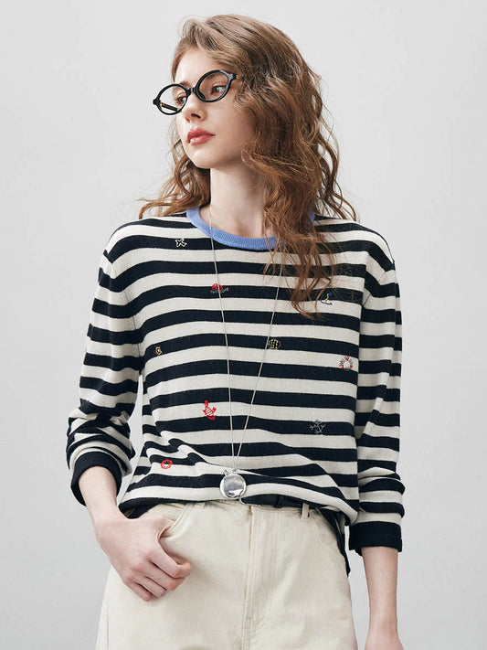 COMOBOCA 100% Wool Women's Striped Embroidered Sweater