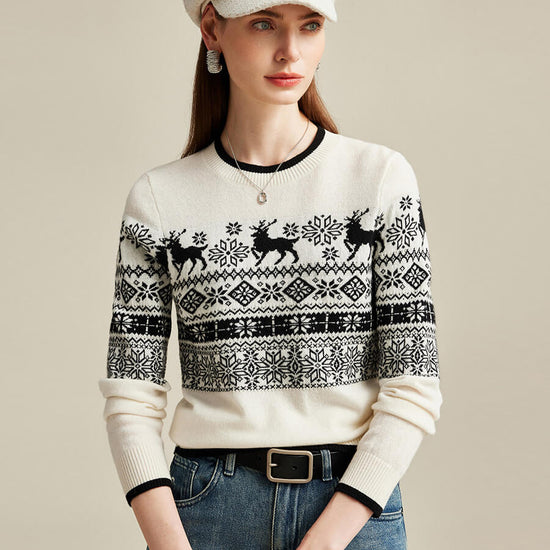COMOBOCA 100% Cashmere Women's Nordic Reindeer Knit Sweater