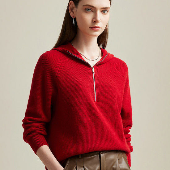 COMOBOCA 100% Cashmere Women's Zip-Up Ribbed Hoodie