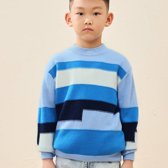 COMOBOCA 100% Wool Kids' Geometric Color Block Striped Knit Sweater