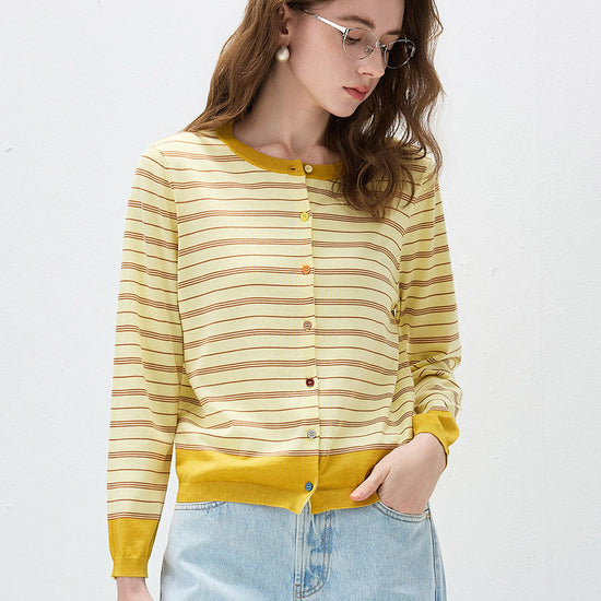 COMOBOCA Yellow Women's Striped Color Block Button Front Cardigan