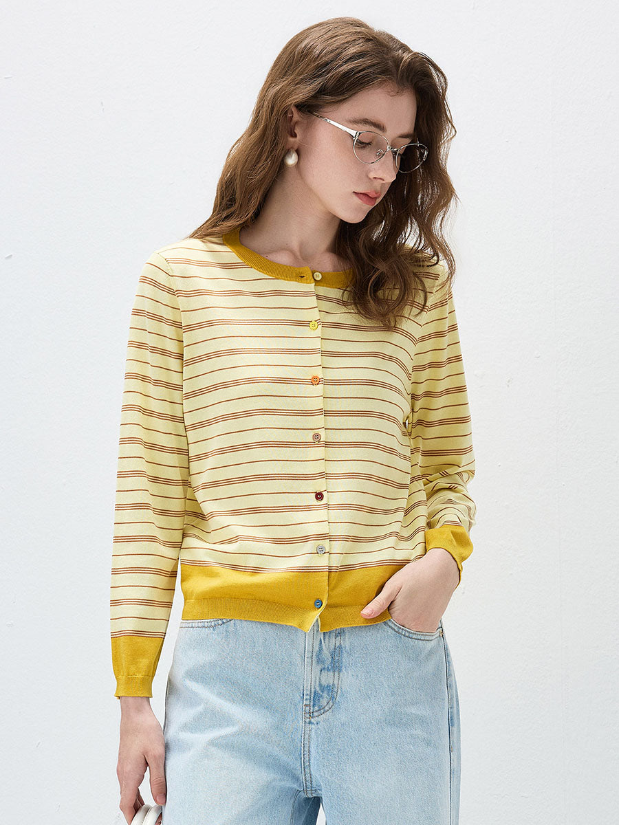 COMOBOCA Yellow Women's Striped Color Block Button Front Cardigan