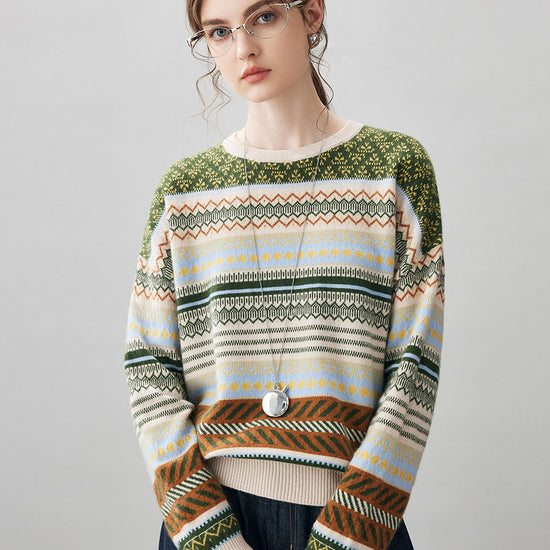 COMOBOCA Fair Isle 100% Cashmere Women's Fair Isle Round Neck Sweater