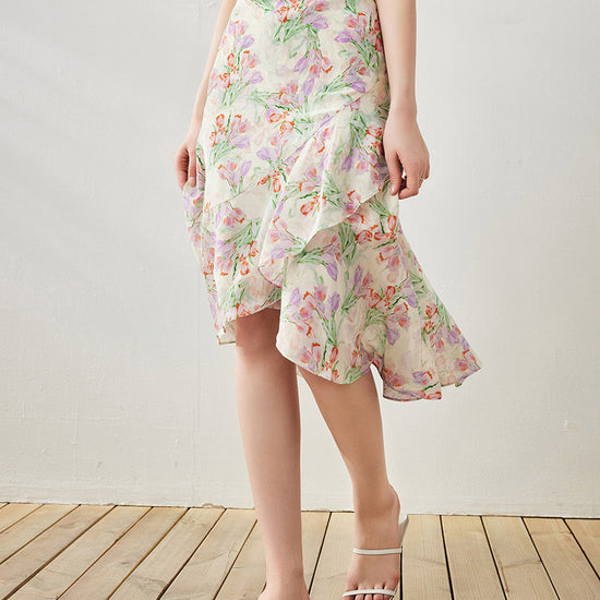 COMOBOCA Lavender Bloom 100% Mulberry Silk Women's Floral Ruffle Midi Skirt
