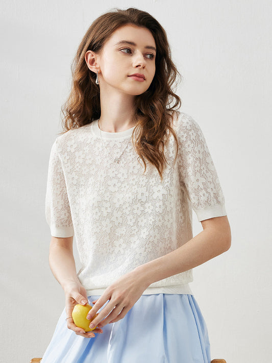 COMOBOCA Women's Cotton Silk Versatile Floral Lace Knit T-Shirt