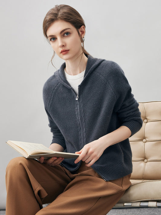 COMOBOCA 100% Cashmere Women's Double Zip Hoodie