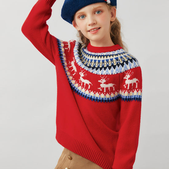 COMOBOCA 100% Wool Kids' Fair Isle Reindeer Round Neck Sweater
