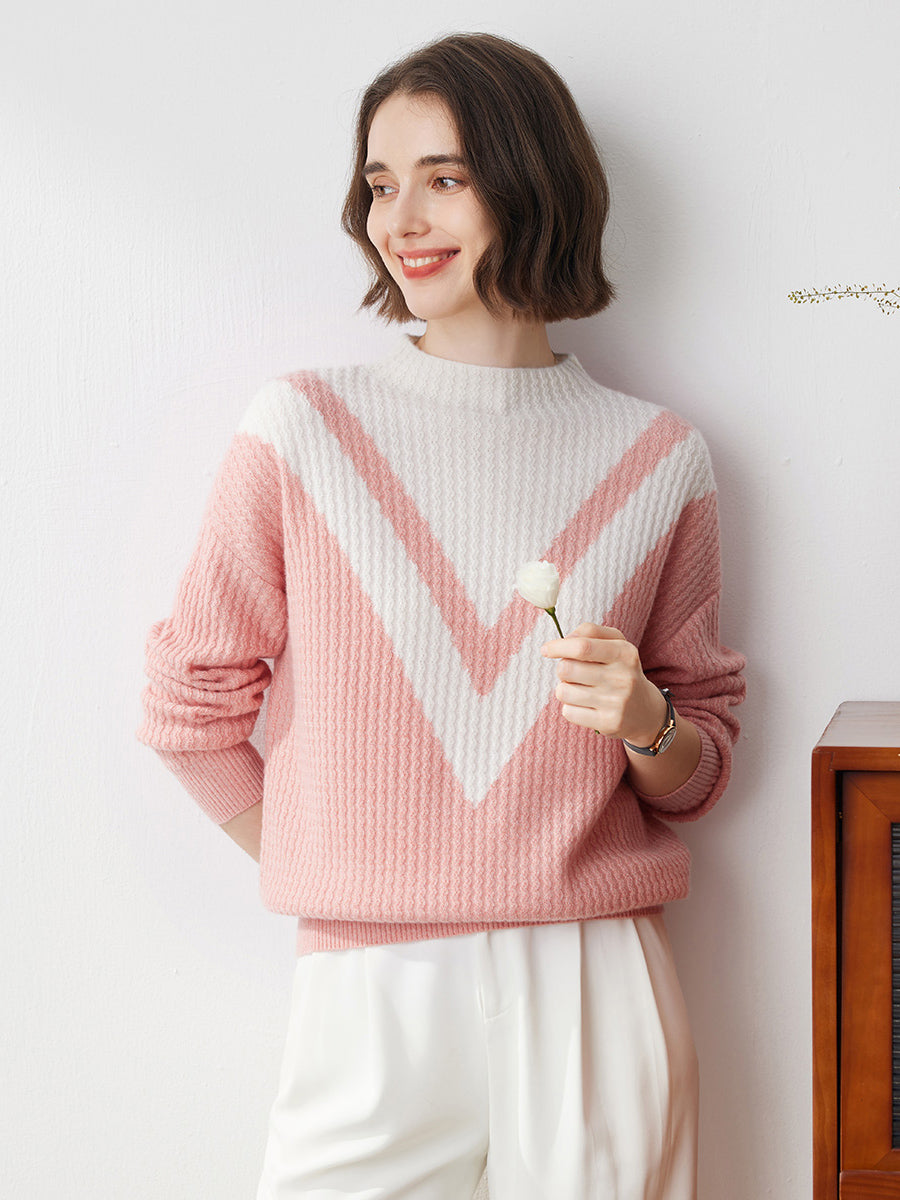 COMOBOCA Pink 100% Cashmere Women's Mock Neck Knit Sweater