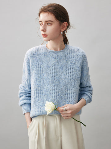 COMOBOCA Light Blue 100% Cashmere Women's Openwork Knit Round Neck Sweater
