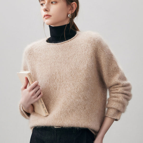 COMOBOCA 100% Wool Women's Fuzzy Round Neck Sweater