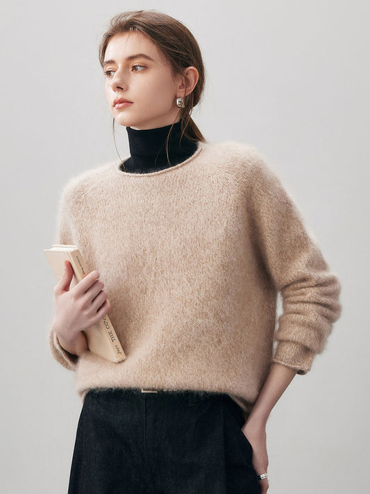 COMOBOCA 100% Wool Women's Fuzzy Round Neck Sweater