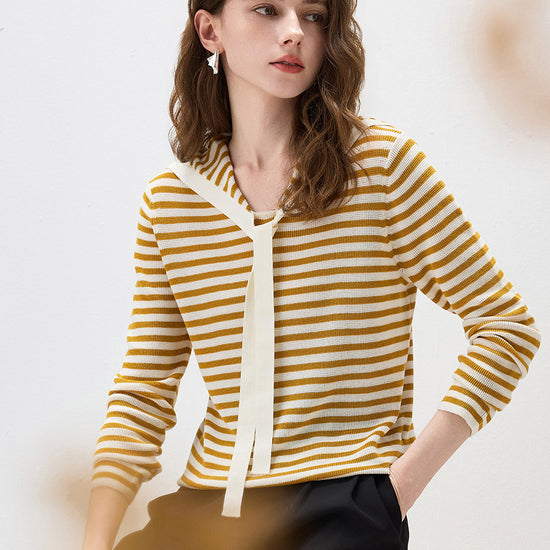 COMOBOCA Women's Striped Sailor Collar Tie Front Knit Sweater