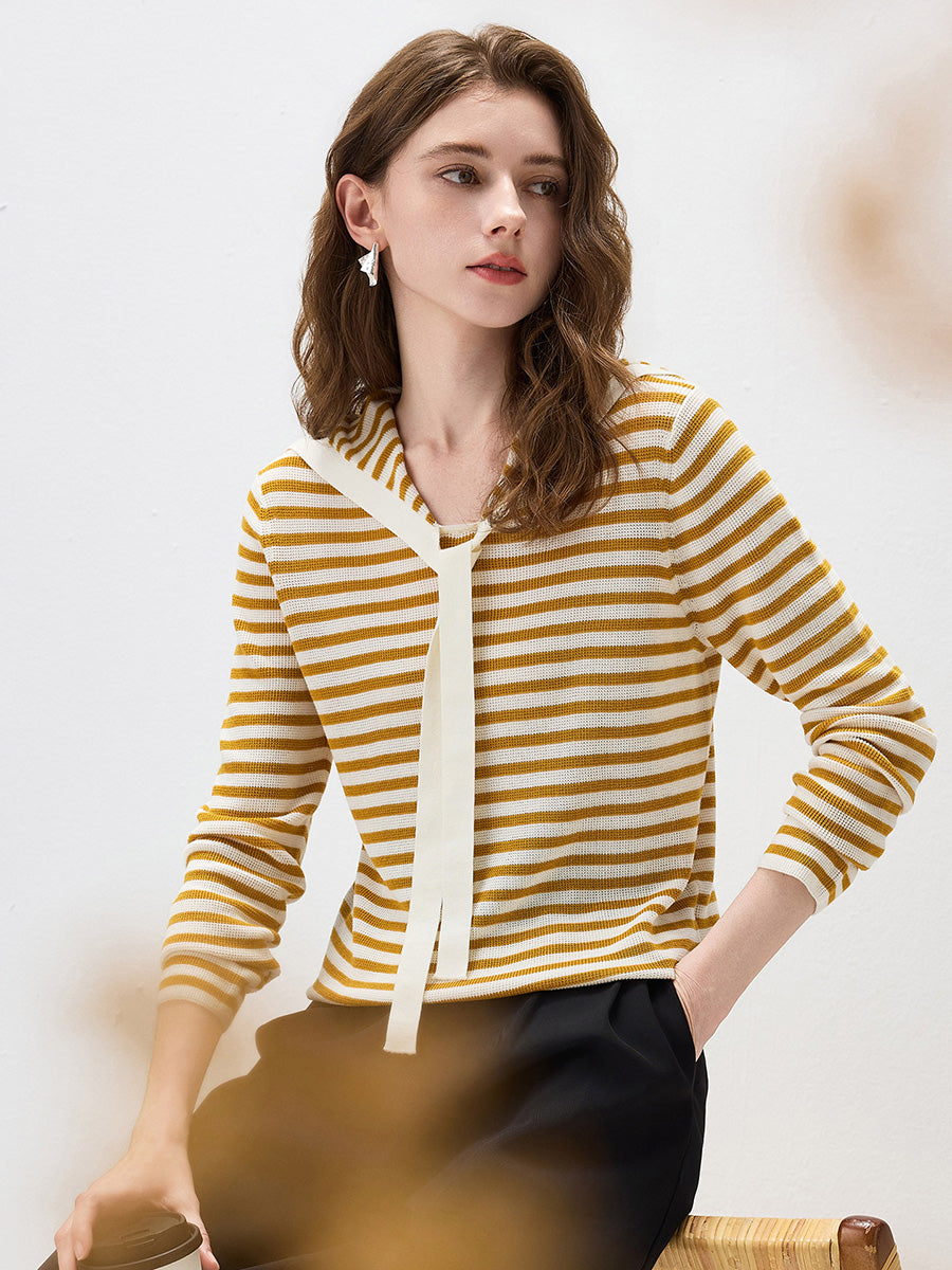 COMOBOCA Women's Striped Sailor Collar Tie Front Knit Sweater