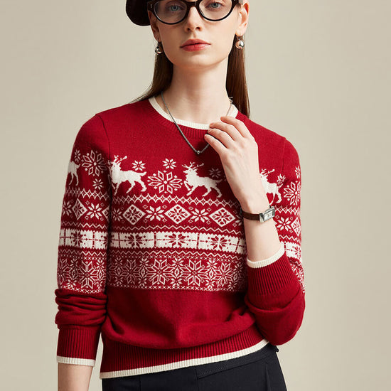 COMOBOCA 100% Cashmere Women's Nordic Reindeer Knit Sweater
