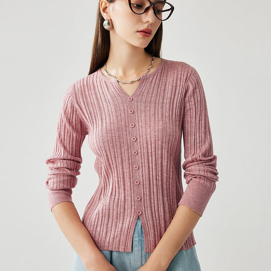 COMOBOCA Pink Women's Ribbed V-Neck Faux Cardigan Sweater