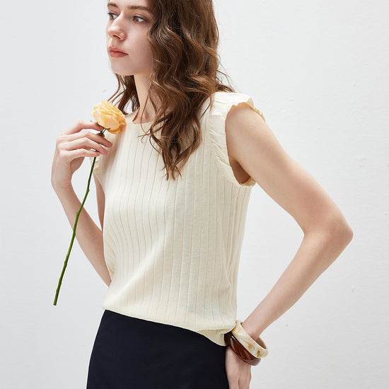 COMOBOCA Women's Ruffled Cap Sleeve Ribbed Knit Blouse