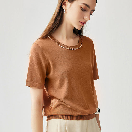COMOBOCA Bronze Women's Cotton Silk Jeweled Neckline T-Shirt