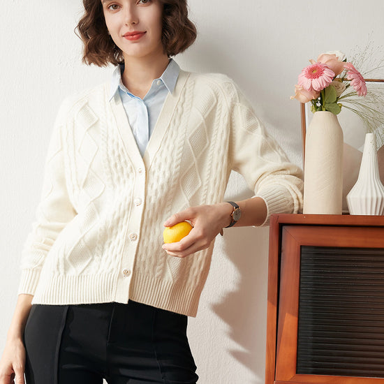 COMOBOCA 100% Cashmere Women's V-Neck Cable Knit Cardigan