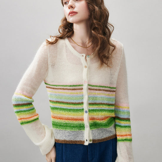 COMOBOCA Women's Rainbow Striped Button Down Cardigan