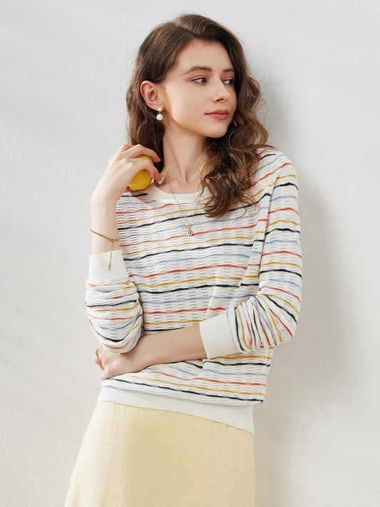 COMOBOCA Women's Colorful Striped Knit Sweater
